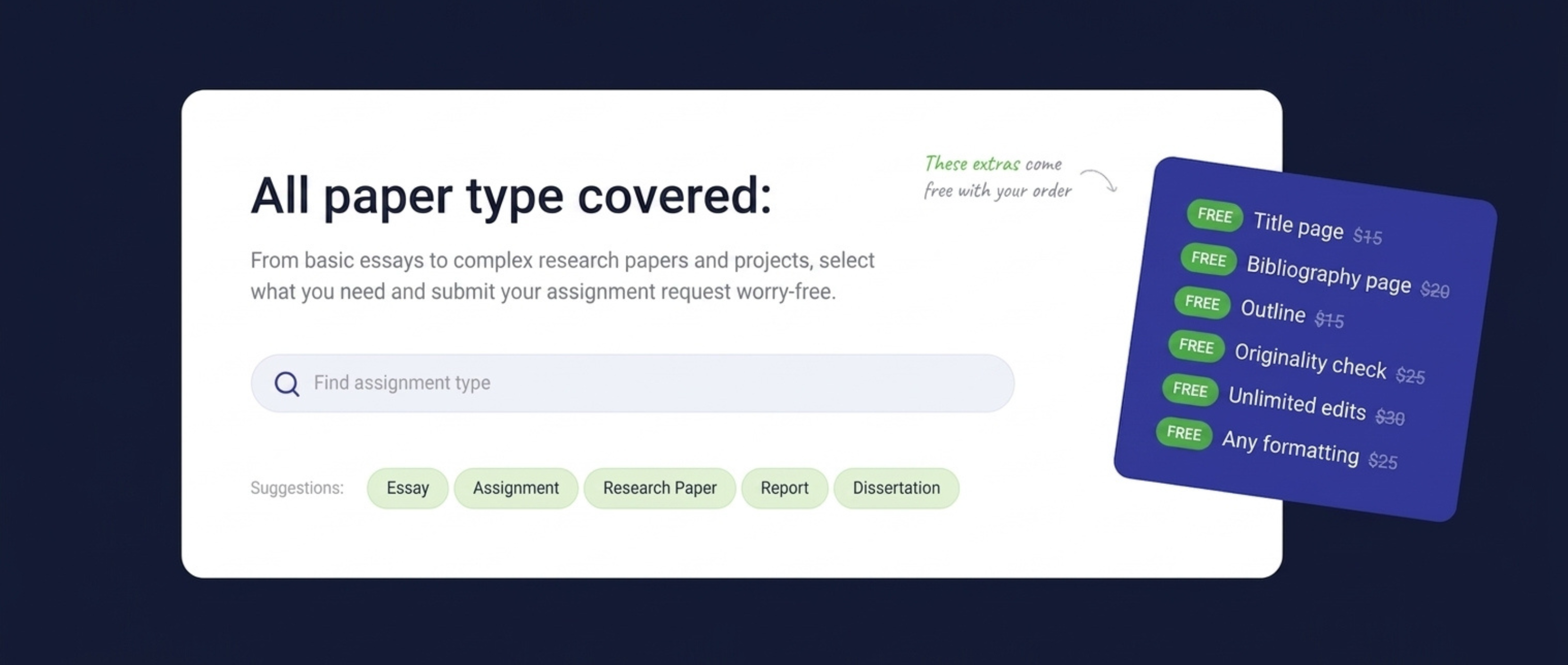 All paper types covered, free with every order: title page, bibliography page, outline, originality check, unlimited edits, any formatting