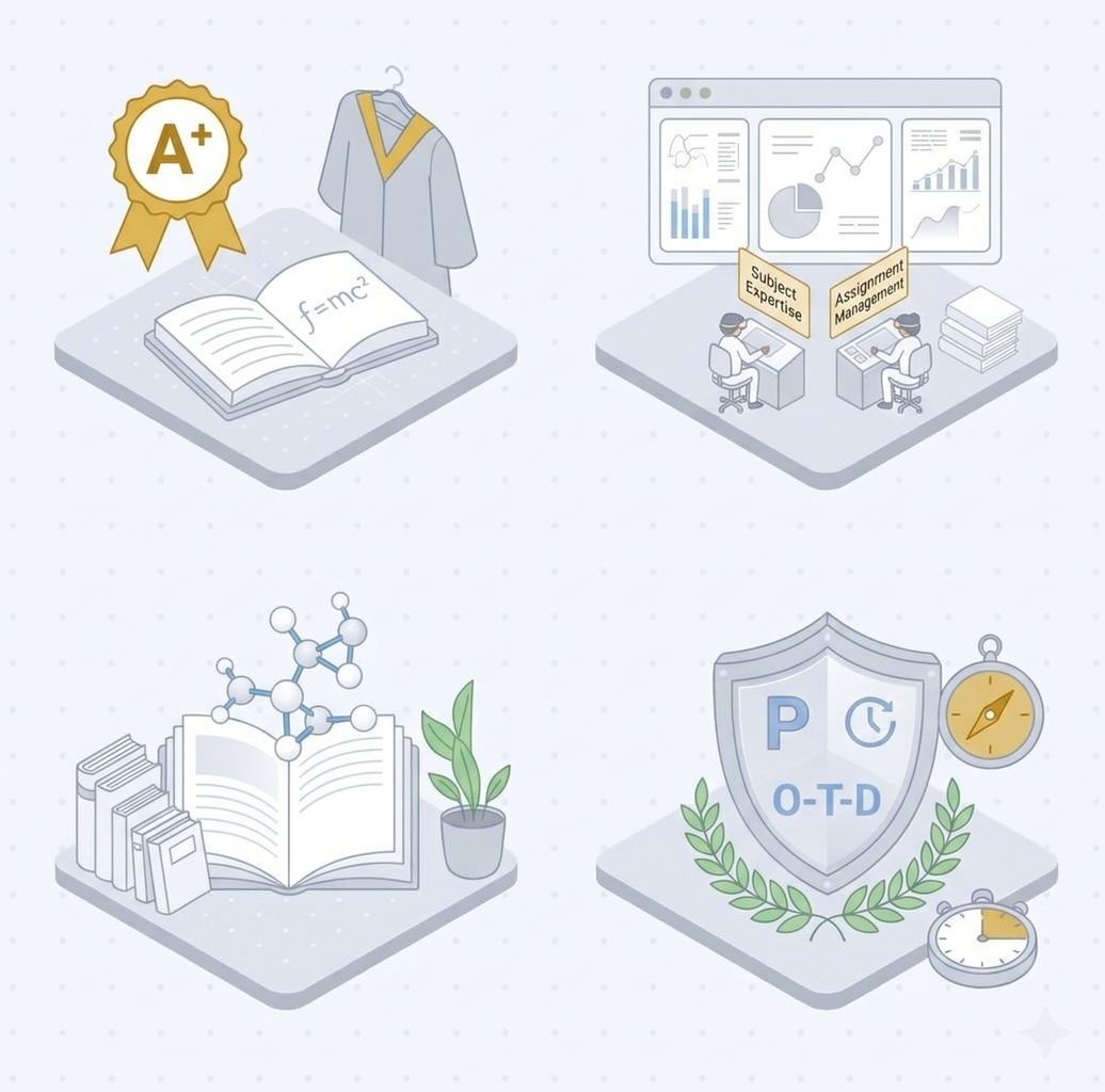 Illustration of academic excellence, subject expertise, and on-time delivery